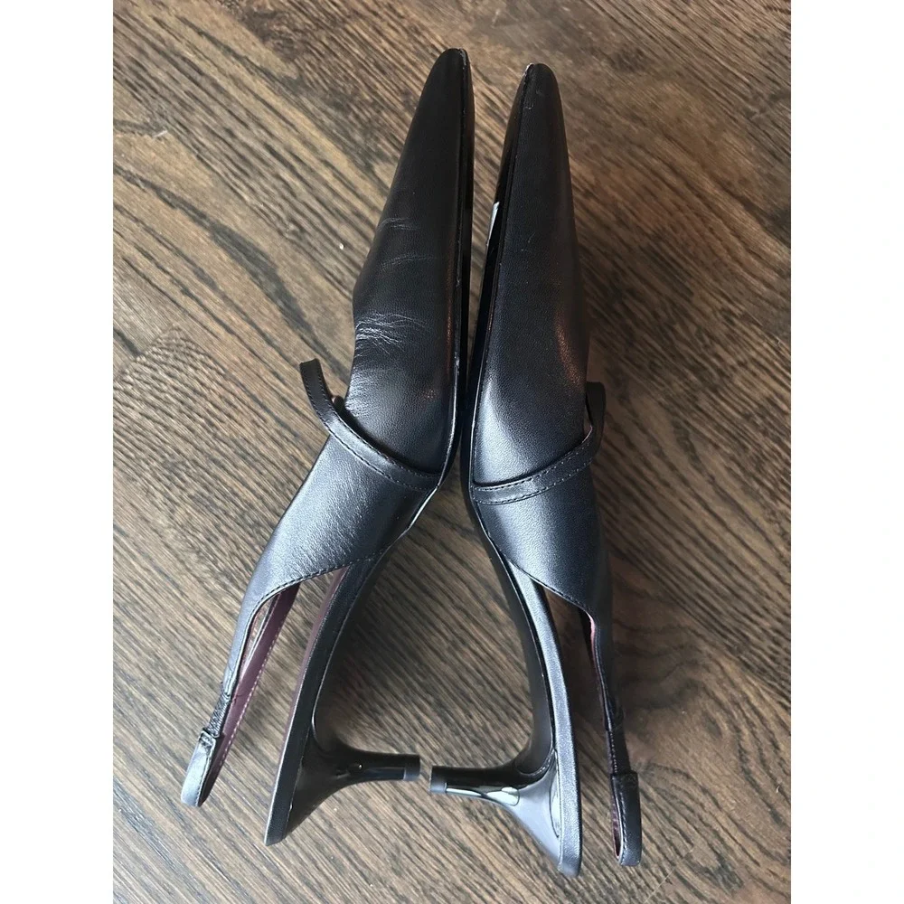 Tory Burch Black Leather Slingback Kitten Heel Pointed Toe Pump Logo 6.5M 8913